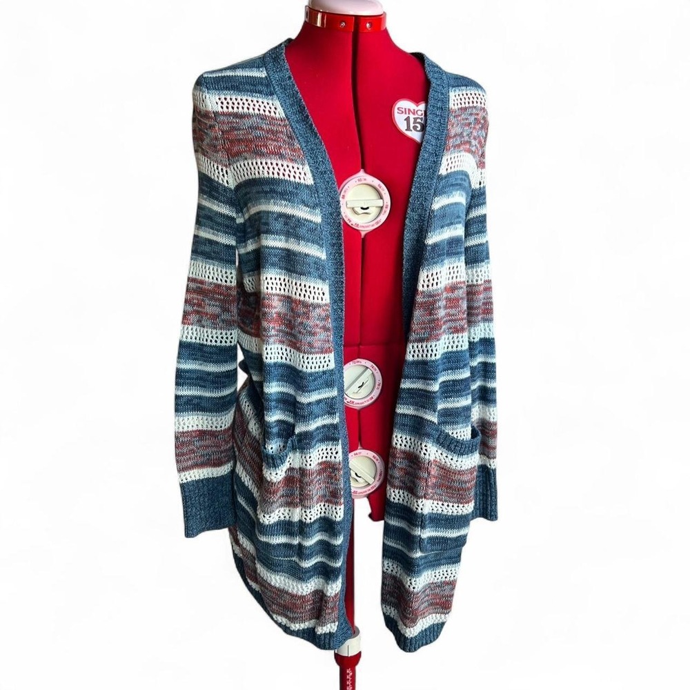 Eddie Bauer Blue & Multicolored Striped Long Cardigan Sweater With Pockets